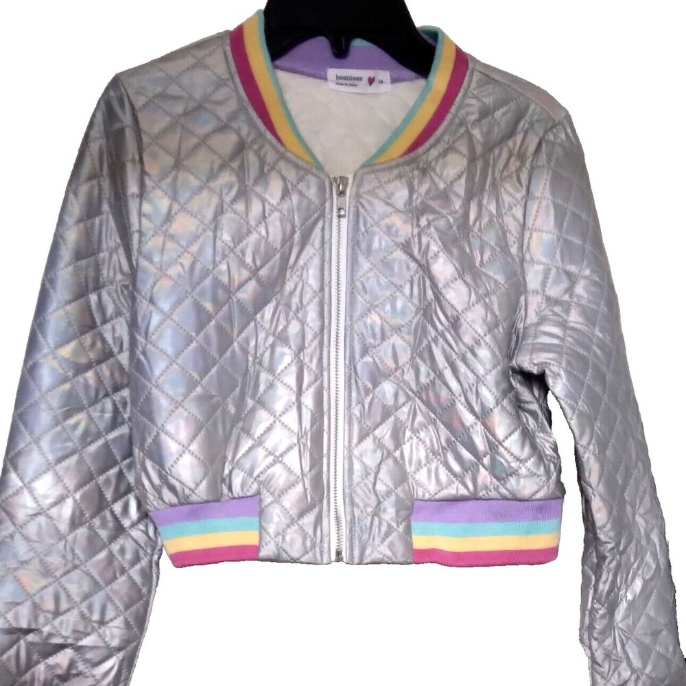 Beautees basic bomber Jacket Sliver with multicolor rims Girls sz 14